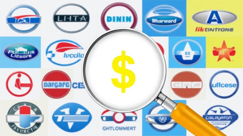 A collage of various car insurance logos with a magnifying glass highlighting a dollar sign in the center.