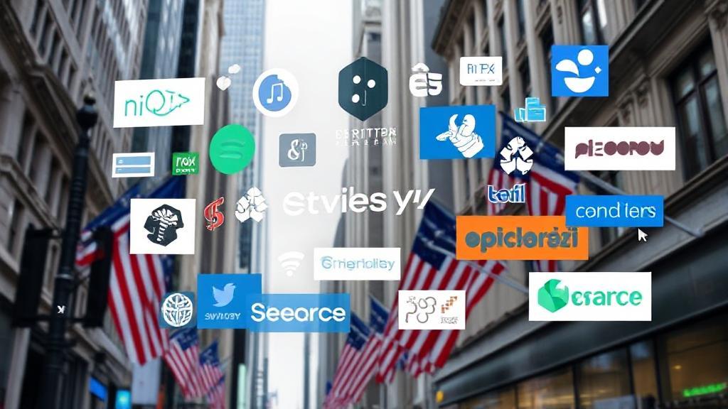 A dynamic collage of financial symbols and streaming platform logos set against a backdrop of Wall Street.