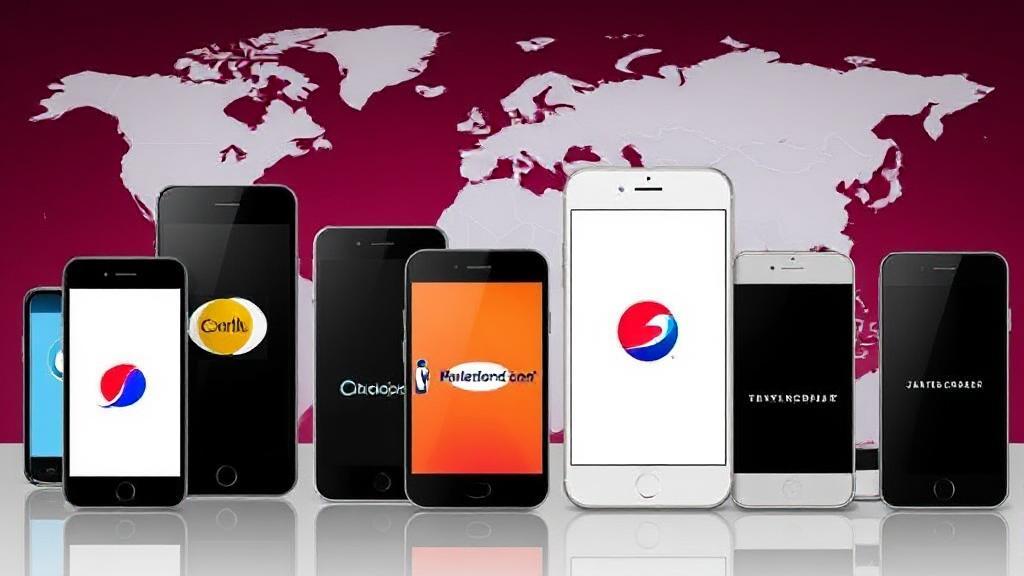 A diverse group of smartphones displaying various carrier logos on their screens against a backdrop of a world map.
