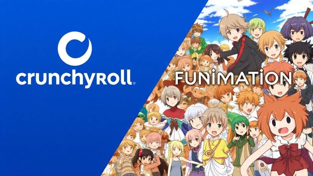 A split-screen image featuring the logos of Crunchyroll and Funimation, with vibrant anime characters from each platform's popular series on either side.