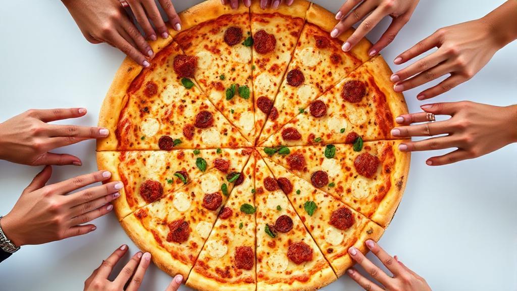A top-down view of a large pizza with evenly spaced slices, surrounded by diverse hands reaching in to grab a piece.