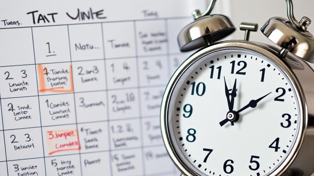 A calendar marked with tax-related reminders and a clock symbolizing the urgency of tax filing deadlines.