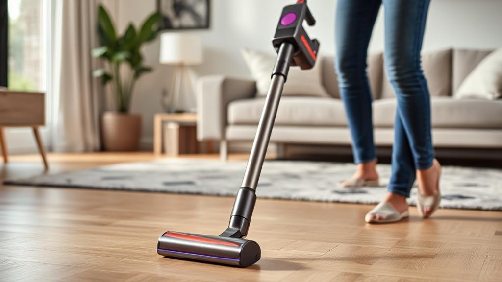 A sleek Dyson vacuum cleaner in action on a modern living room floor, showcasing its versatility and design.