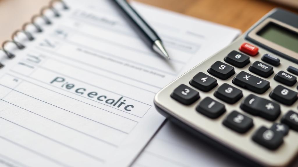A close-up image of a calculator, a notepad with financial notes, and a pen on a desk, symbolizing the process of calculating a paycheck.