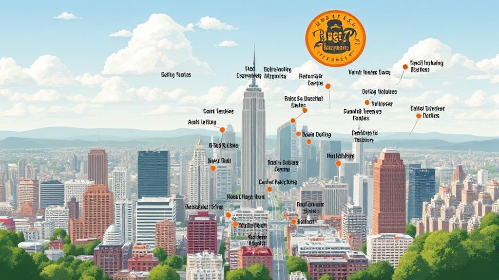 A vibrant cityscape with various local breweries and beer shops highlighted on a map.