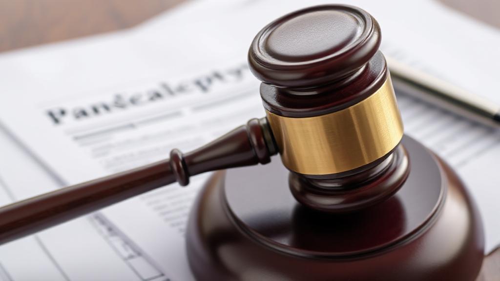 A somber gavel resting on a stack of financial documents, symbolizing the weighty decision of filing for bankruptcy.