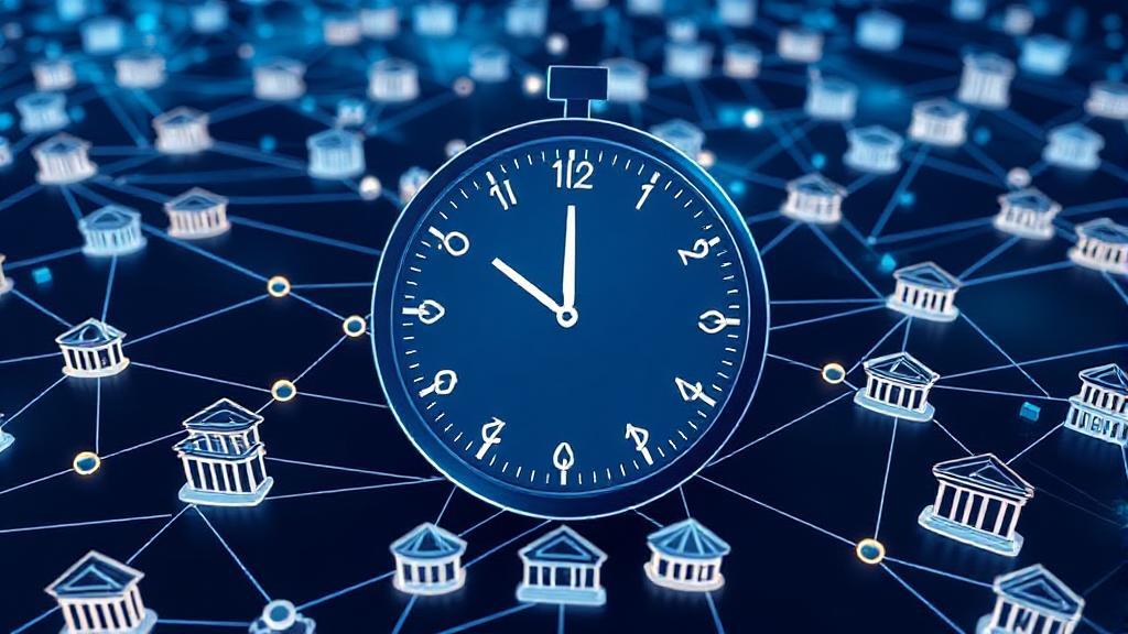 A digital illustration of a clock overlaying a network of interconnected banks, symbolizing the timing and process of bank-to-bank transfers.