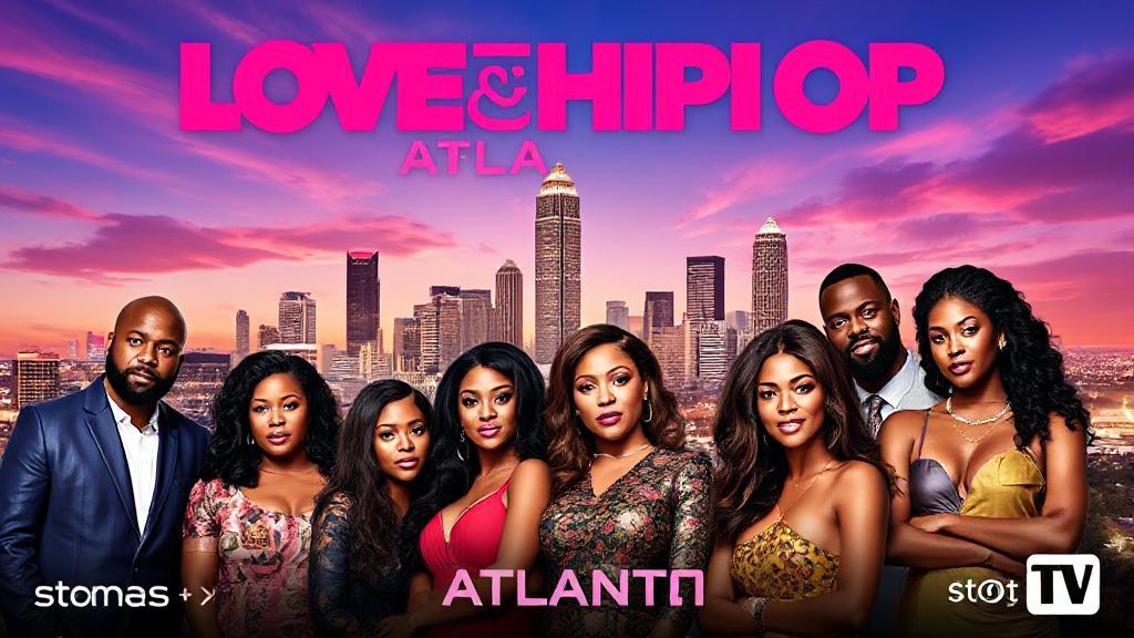 A vibrant collage featuring the cast of "Love and Hip Hop Atlanta" against a backdrop of the Atlanta skyline, with streaming and TV icons subtly integrated.