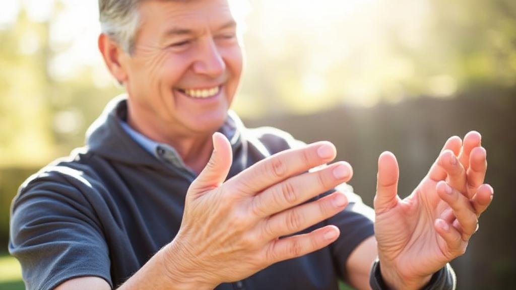 A smiling middle-aged person gently stretching their hands outdoors, with soft sunlight highlighting a peaceful, active lifestyle despite arthritis.
