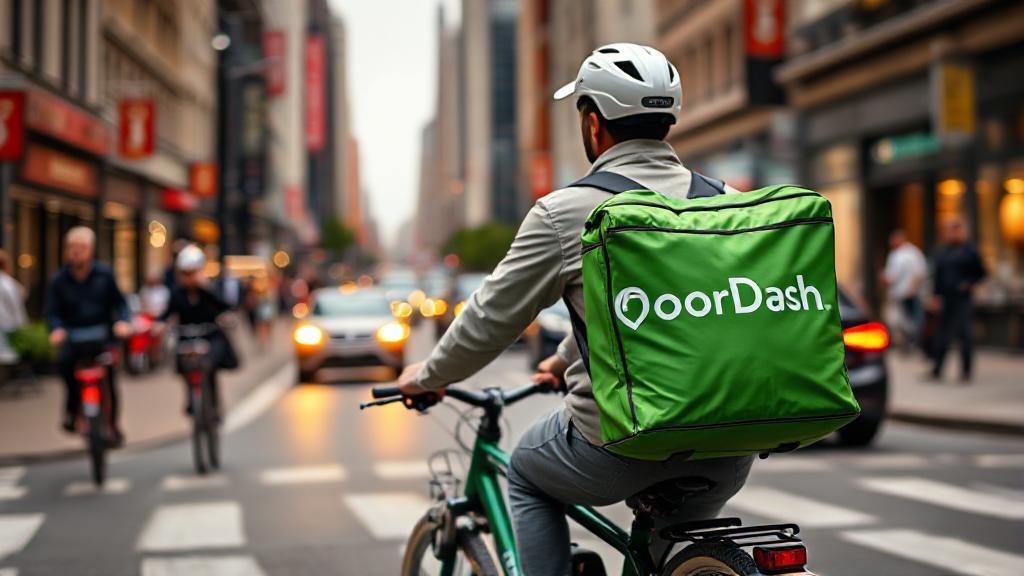 A DoorDash delivery driver on a bicycle navigating through a bustling city street, with a focus on the DoorDash logo on their delivery bag.