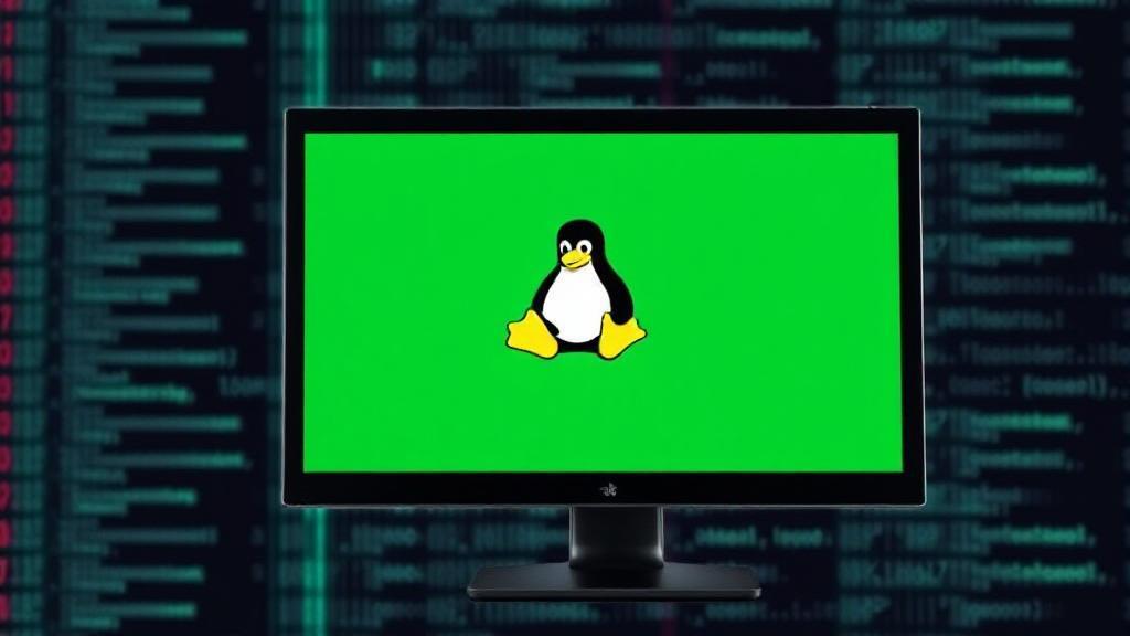 A sleek, modern computer displaying the Linux logo on its screen, set against a backdrop of abstract digital code.