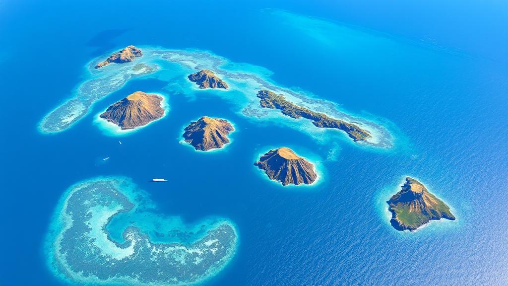 A vibrant aerial view of the seven main Hawaiian Islands, each surrounded by the deep blue Pacific Ocean.