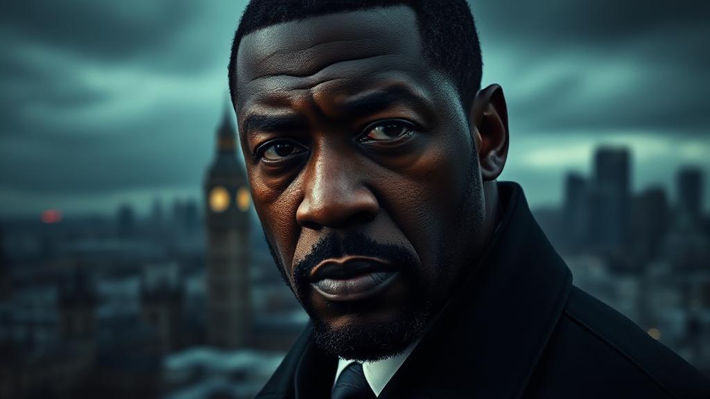 A dramatic close-up of Idris Elba as Detective John Luther, set against a dark, moody London skyline.