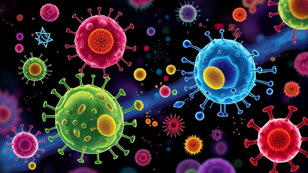 A vibrant illustration of B lymphocytes in action, showcasing their role in the immune response with colorful antibodies and pathogens.