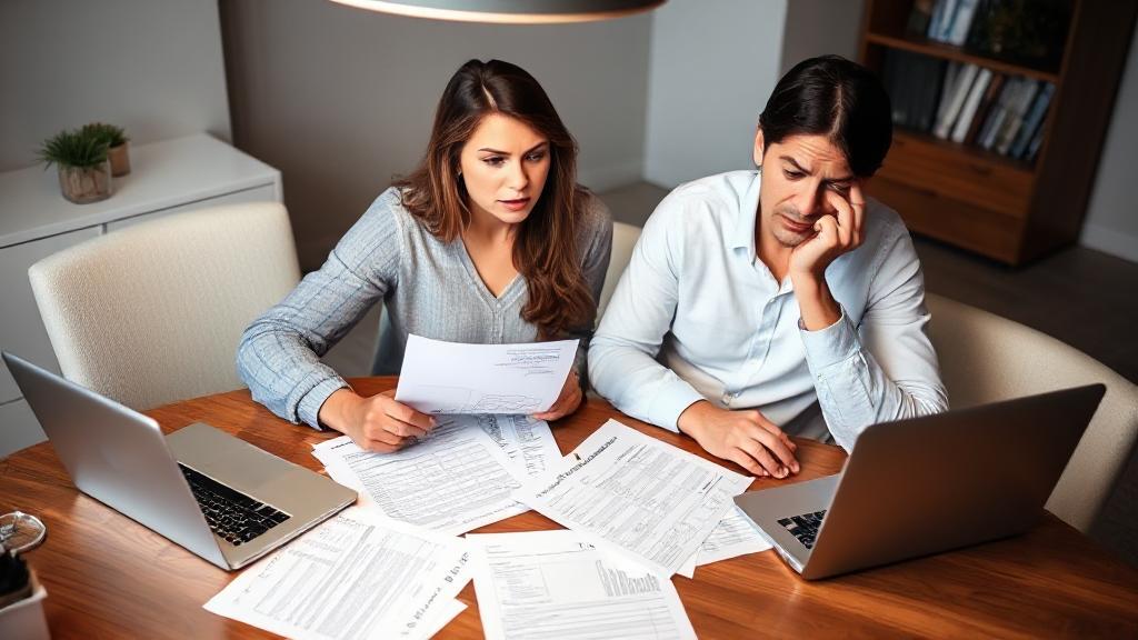 A couple sitting at a table, surrounded by tax documents and a laptop, looking puzzled.