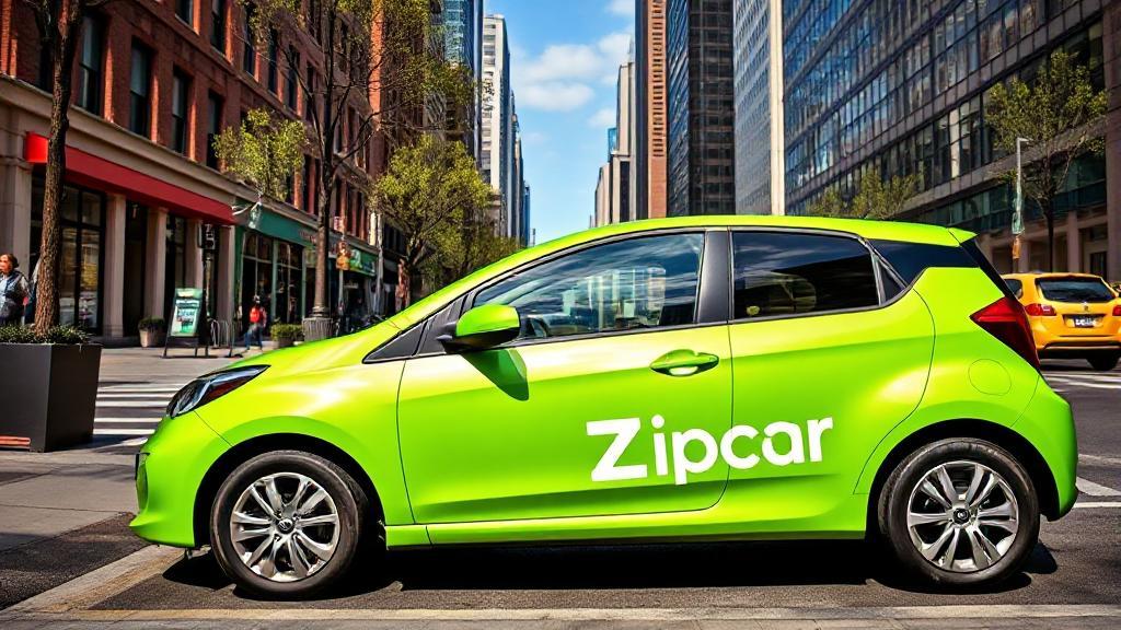 A vibrant cityscape featuring a Zipcar parked curbside, highlighting urban convenience and car-sharing accessibility.