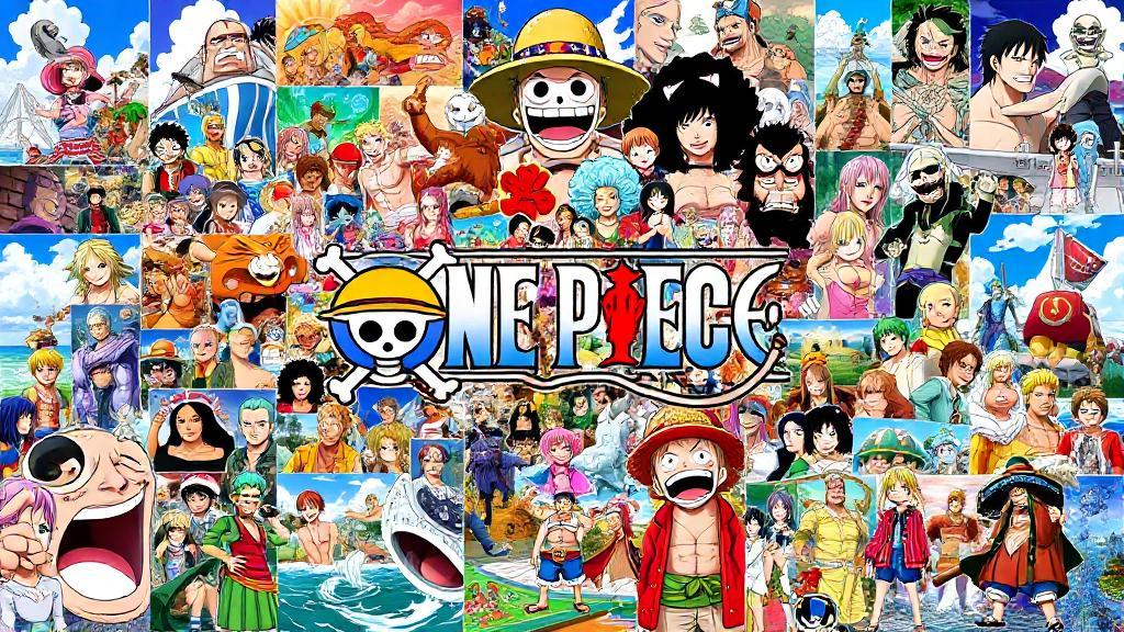 A vibrant collage of iconic scenes and characters from One Piece, showcasing the vast journey and numerous episodes of the beloved anime series.