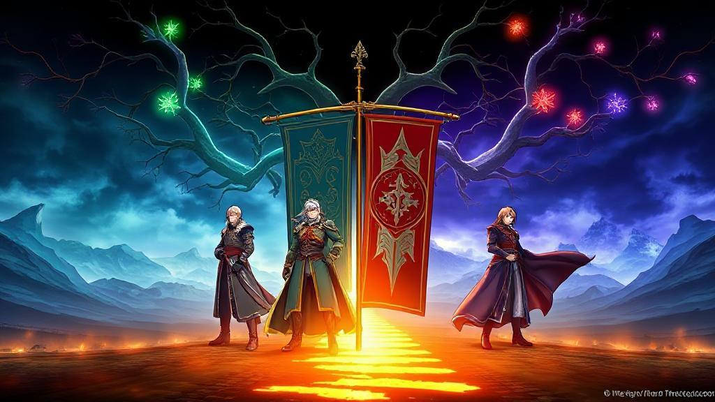 A dramatic collage of the four house leaders from Fire Emblem: Three Houses, each standing before their unique banners, with branching paths and glowing endings in the background.