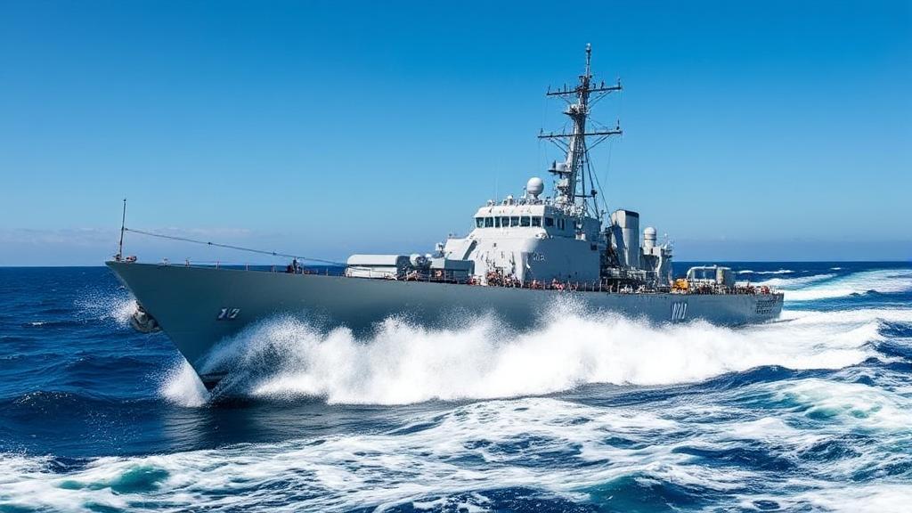 A dynamic image of a naval ship cutting through the ocean waves under a clear blue sky, symbolizing the adventurous and disciplined life in the Navy.