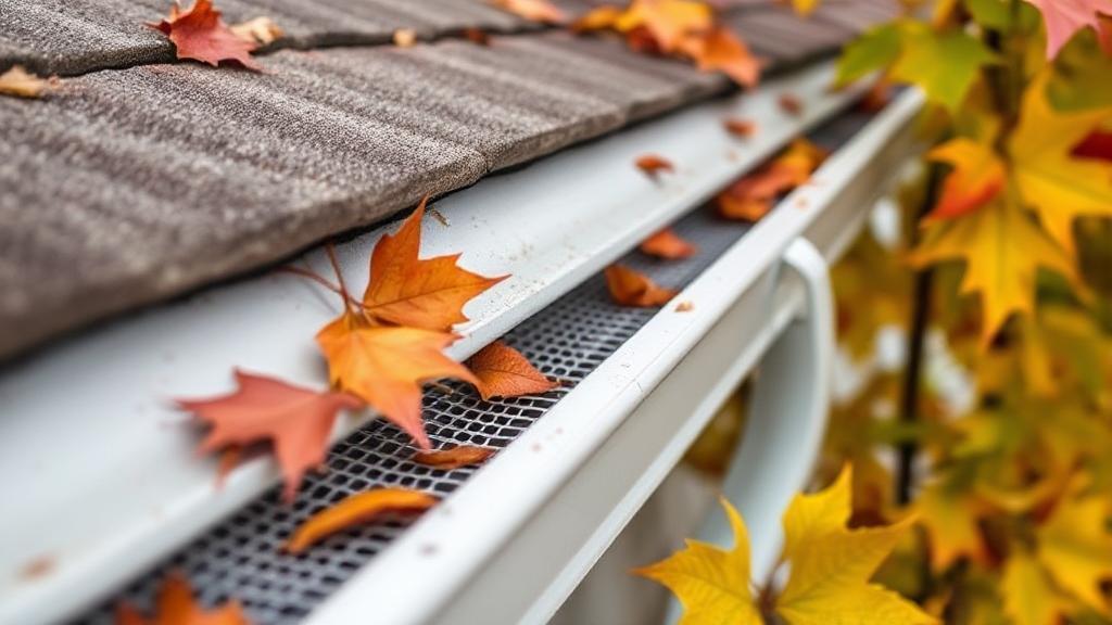 A close-up image of a clean, well-maintained gutter system with leaf filters installed, surrounded by vibrant autumn leaves.
