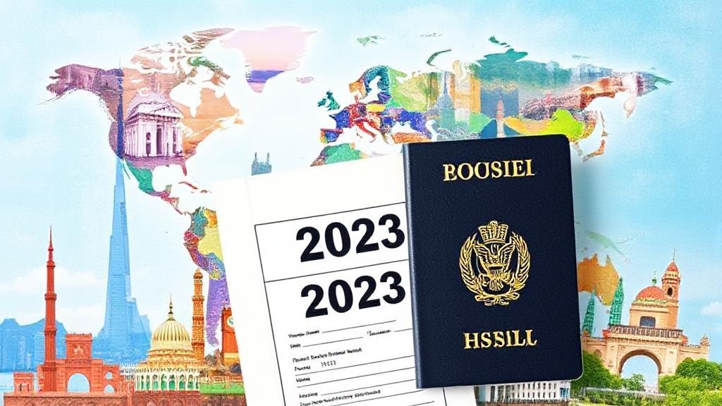 A vibrant collage of iconic global landmarks, a passport, and a travel insurance policy document, symbolizing secure and adventurous travel in 2023.
