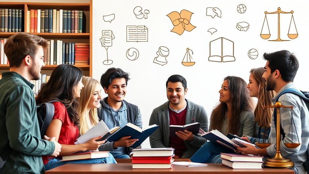 A diverse group of students engaged in a lively discussion, surrounded by books and legal symbols, symbolizing the intersection of various undergraduate majors with a future in law.