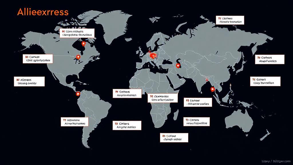 A dynamic world map highlighting key locations of AliExpress's headquarters and global operations.