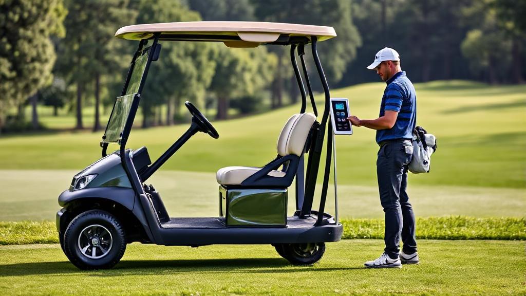 A sleek golf cart parked on a lush green fairway, with a golfer measuring its weight using a digital scale.