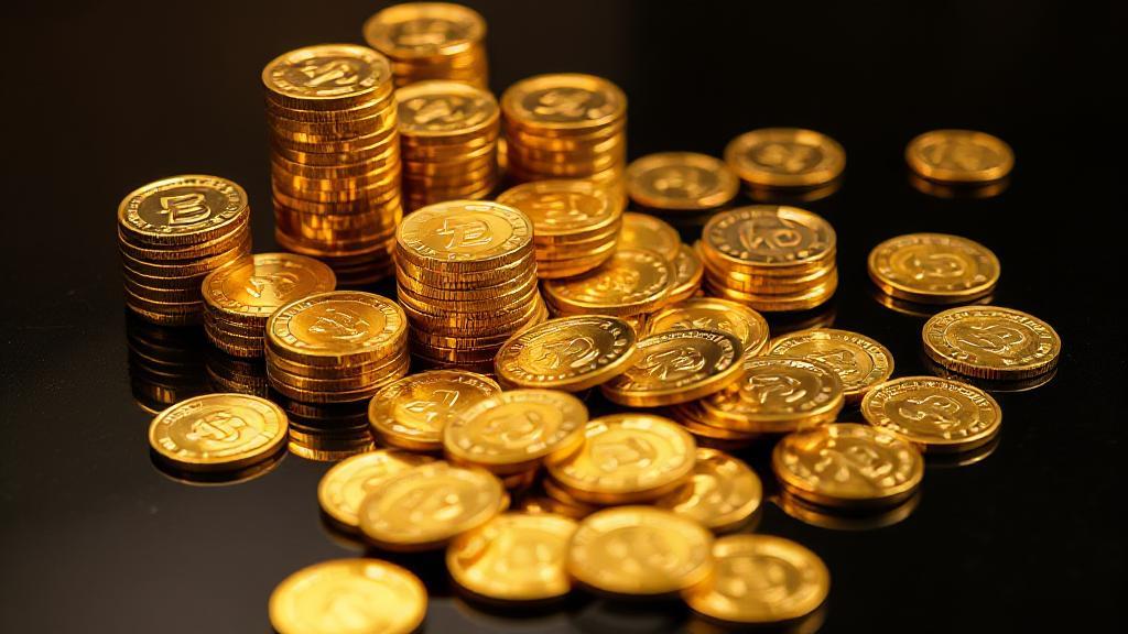 A gleaming array of gold coins stacked and scattered on a dark, polished surface, reflecting a warm, inviting glow.