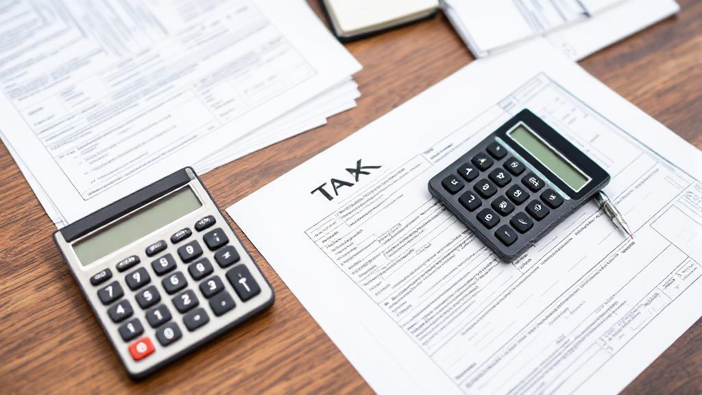 A neatly organized desk with tax forms, a calculator, and a pen, symbolizing the process of preparing to pay taxes.