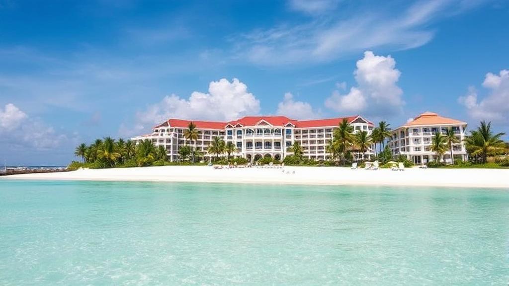 A picturesque beachfront view of a luxurious Sandals Resort, showcasing crystal-clear waters, white sandy beaches, and elegant tropical accommodations.