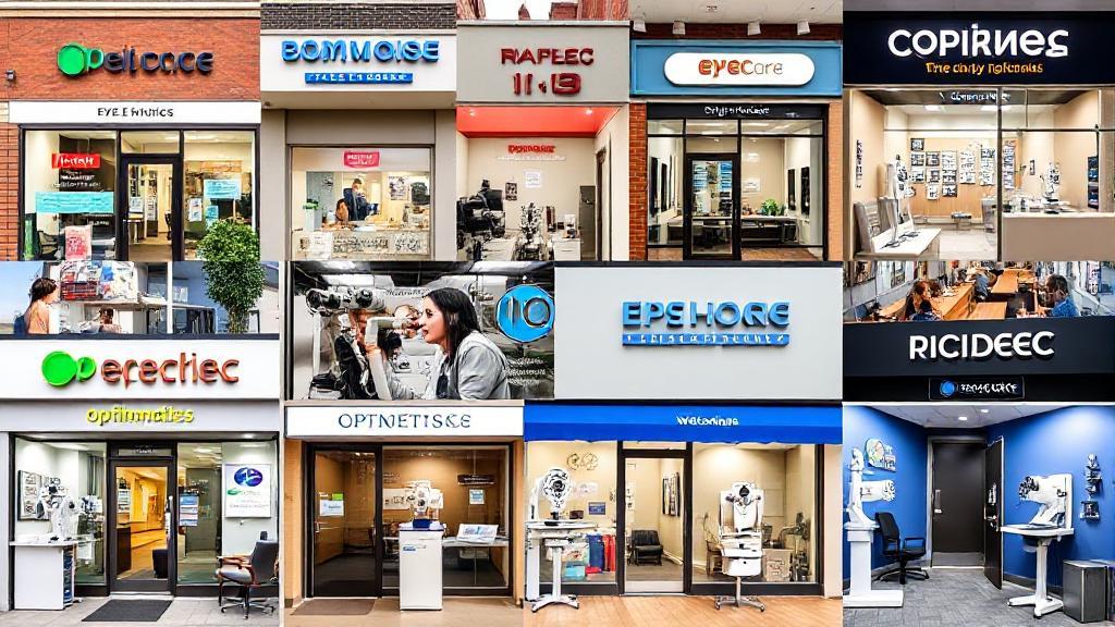 A vibrant collage of diverse eye care clinics and optometrists' offices, showcasing welcoming storefronts and professional eye exam equipment.