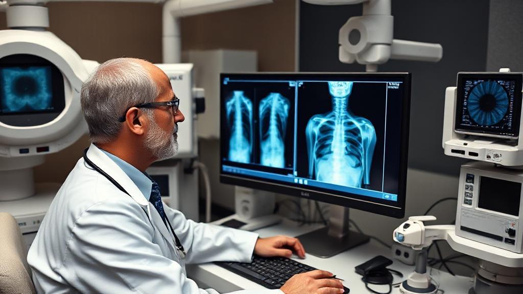 A high-resolution image of a radiologist analyzing a digital X-ray on a computer screen, surrounded by various medical imaging equipment.