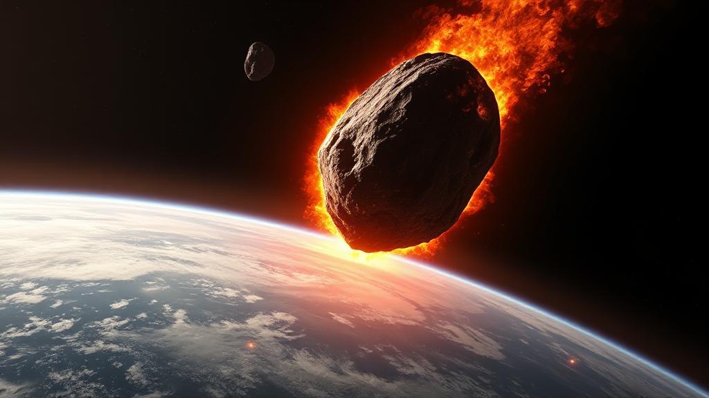 A dramatic depiction of a fiery asteroid hurtling towards Earth, casting an ominous glow over the planet.