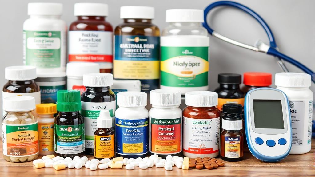 A diverse array of affordable diabetes medications and natural supplements displayed alongside a stethoscope and glucose meter.