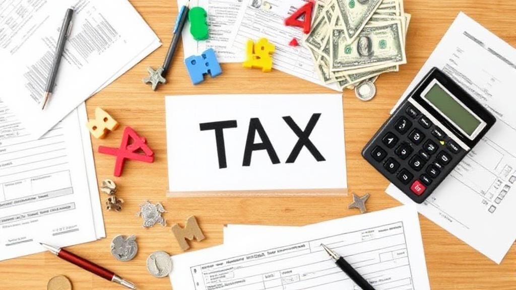 A diverse array of tax-related symbols and documents, including a calculator, tax forms, and currency, arranged on a wooden desk.