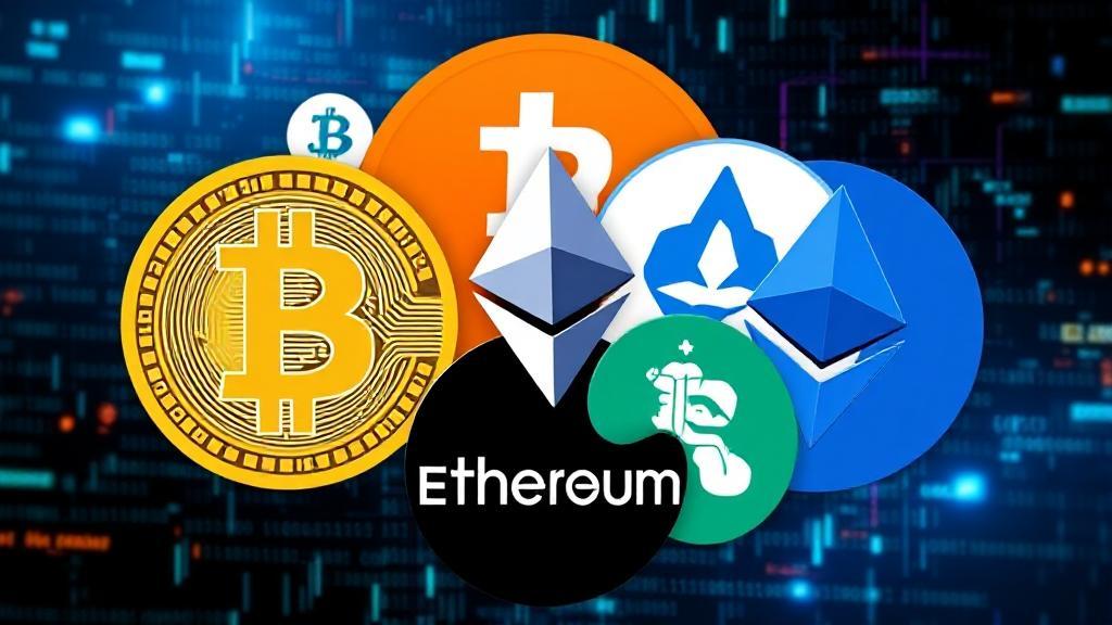 A dynamic collage of popular cryptocurrency logos, including Bitcoin and Ethereum, set against a futuristic digital background.