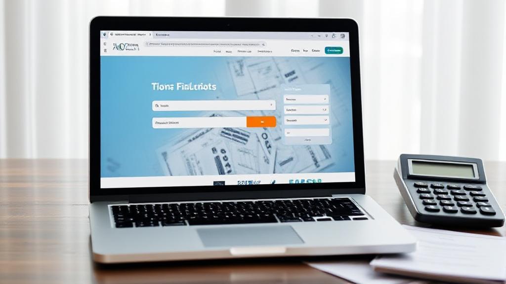 A laptop displaying a tax filing website with financial documents and a calculator beside it.
