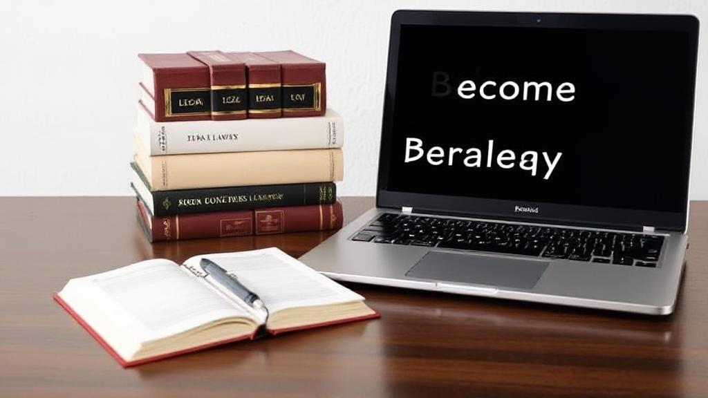 A professional workspace featuring legal books, a laptop, and a notepad, symbolizing the journey to becoming a paralegal.