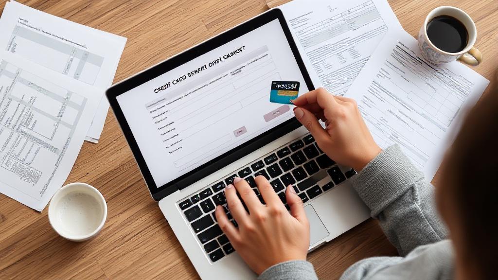 A person confidently filling out a credit card application form on a laptop, surrounded by financial documents and a cup of coffee.