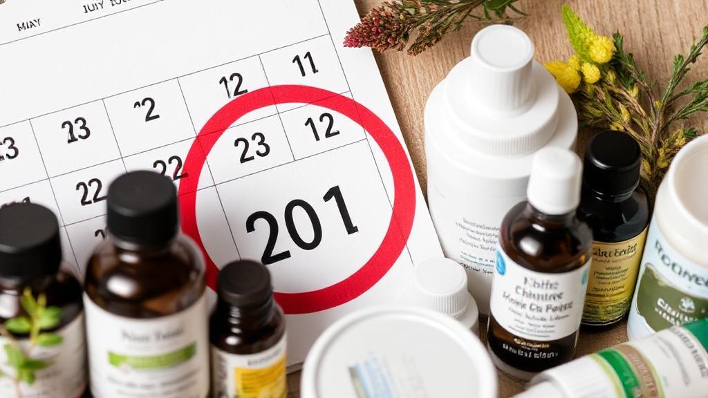 A close-up of a calendar with a red circle around a date, symbolizing menstrual cycle tracking, alongside a variety of natural remedies and medical products.