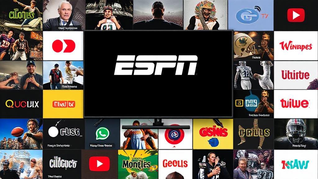 A dynamic collage of YouTube TV's interface featuring the ESPN logo prominently displayed among other channel icons.