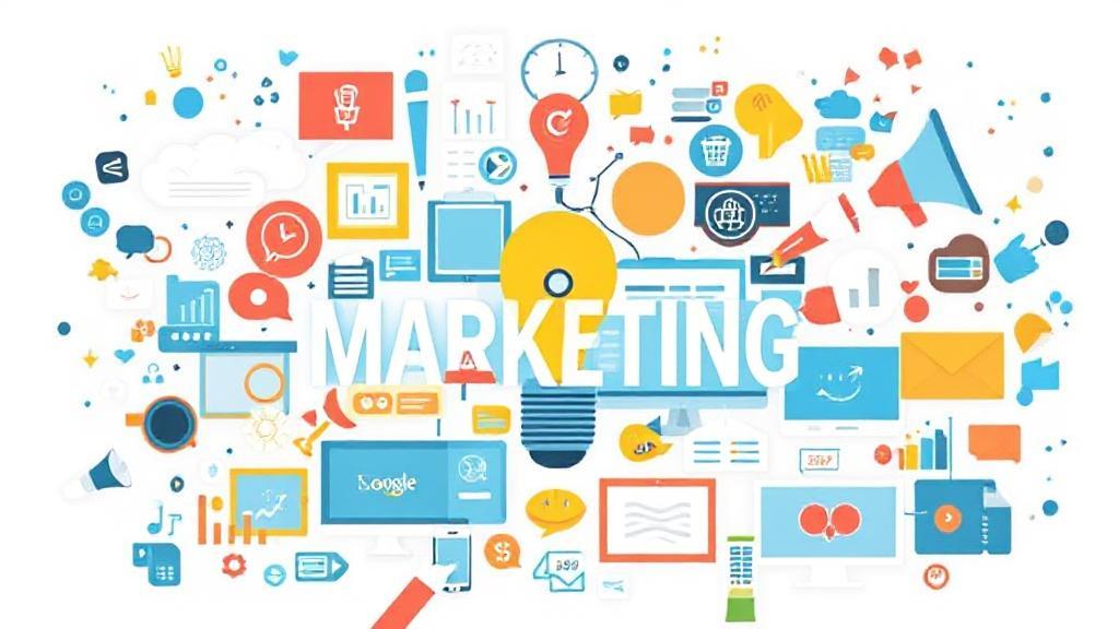 A dynamic collage of diverse marketing tools and platforms, symbolizing innovative strategies to boost business visibility and growth.