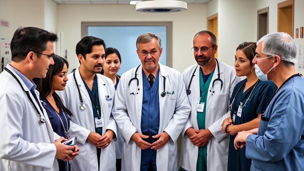 A diverse group of medical professionals, including oncologists, pulmonologists, and thoracic surgeons, collaborating in a hospital setting.