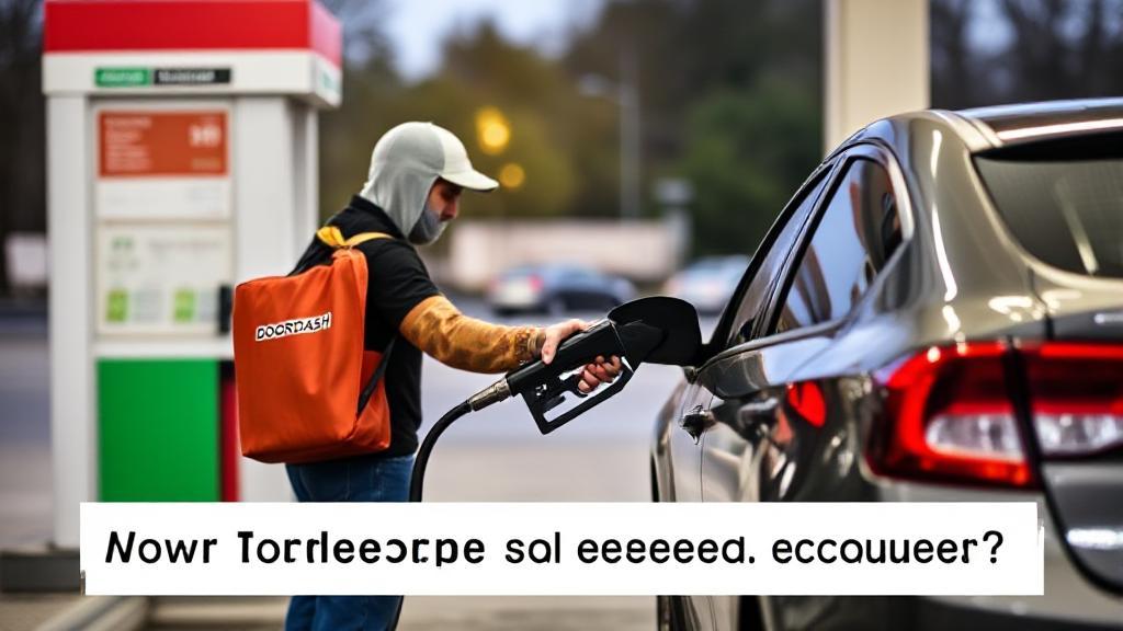 A DoorDash driver refuels their car at a gas station, highlighting the question of fuel expense coverage.