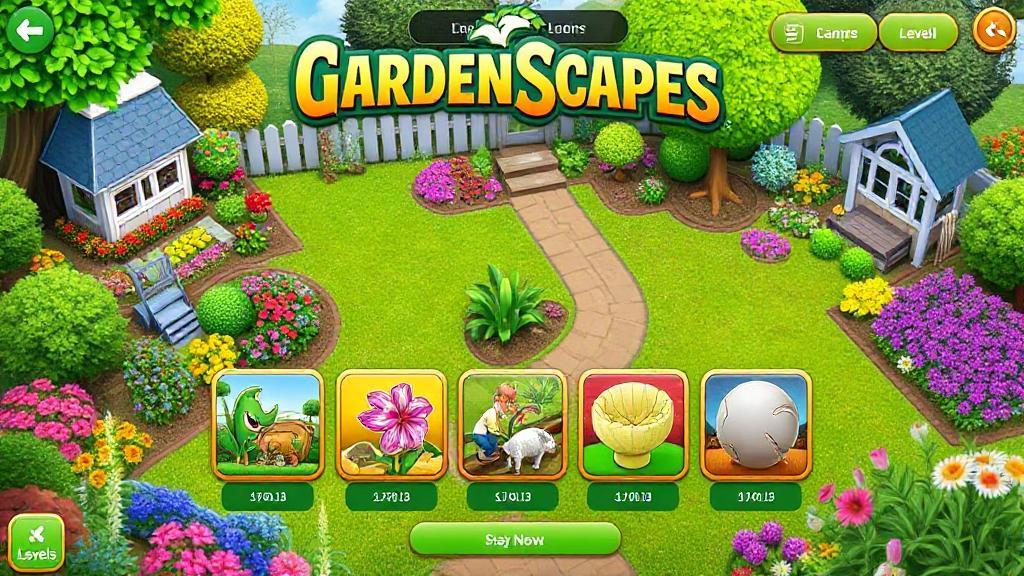 A vibrant Gardenscapes game screen showcasing colorful garden scenes and level icons, highlighting the game's progression.