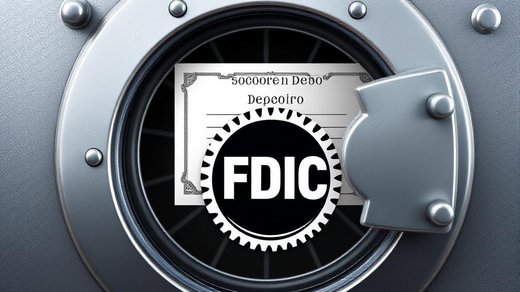 A visual representation of a bank vault door with a certificate of deposit and FDIC logo, symbolizing secure investment protection.