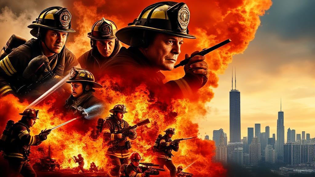 A dynamic collage of intense firefighting scenes and iconic Chicago skyline, capturing the essence of the "Chicago Fire" series.