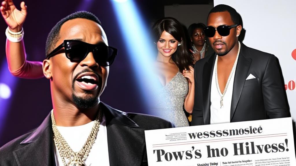 A dynamic collage of P. Diddy performing on stage, attending a glamorous event, and a newspaper headline hinting at controversy.