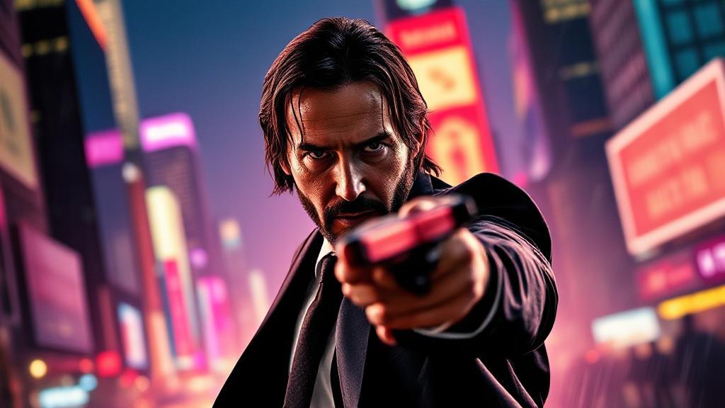 A dynamic image of Keanu Reeves as John Wick, poised for action against a backdrop of neon-lit cityscape, hinting at the high-octane excitement of the upcoming film.